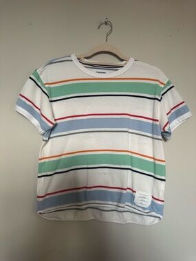 Thom Browne White Tee with Mint, Light Blue, Orange & Red Stripes